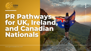 A graphic image with a woman holding an australian flag and a text that says PR Pathways for UK, Ireland, and Canadian Nationals