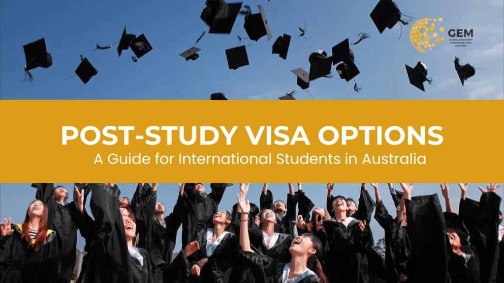 Graduates throwing caps in air and text saying "Post-Study Visa Options: A Guide for International Students in Australia"