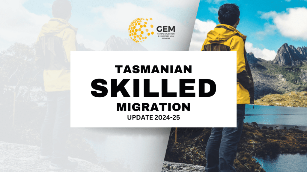 a graphic image that says "tasmanian skilled migration" and a man in the background standing on a rock