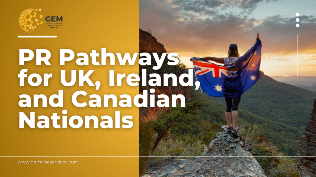A graphic image with a woman holding an australian flag and a text that says PR Pathways for UK, Ireland, and Canadian Nationals